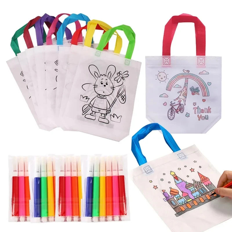 5 Sets DIY Graffiti Bag with Markers Handmade Painting Non-Woven Bag for Children Arts Crafts Color Filling Drawing Toy