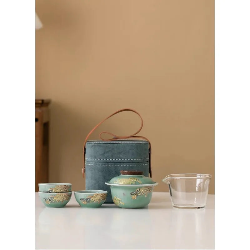 Chinese Style Travel Tea Set, Celadon Cover Bowl Small Set, One Pot, Three Cups, Fast Customer Cup, Portable Kung Fu Tea Maker