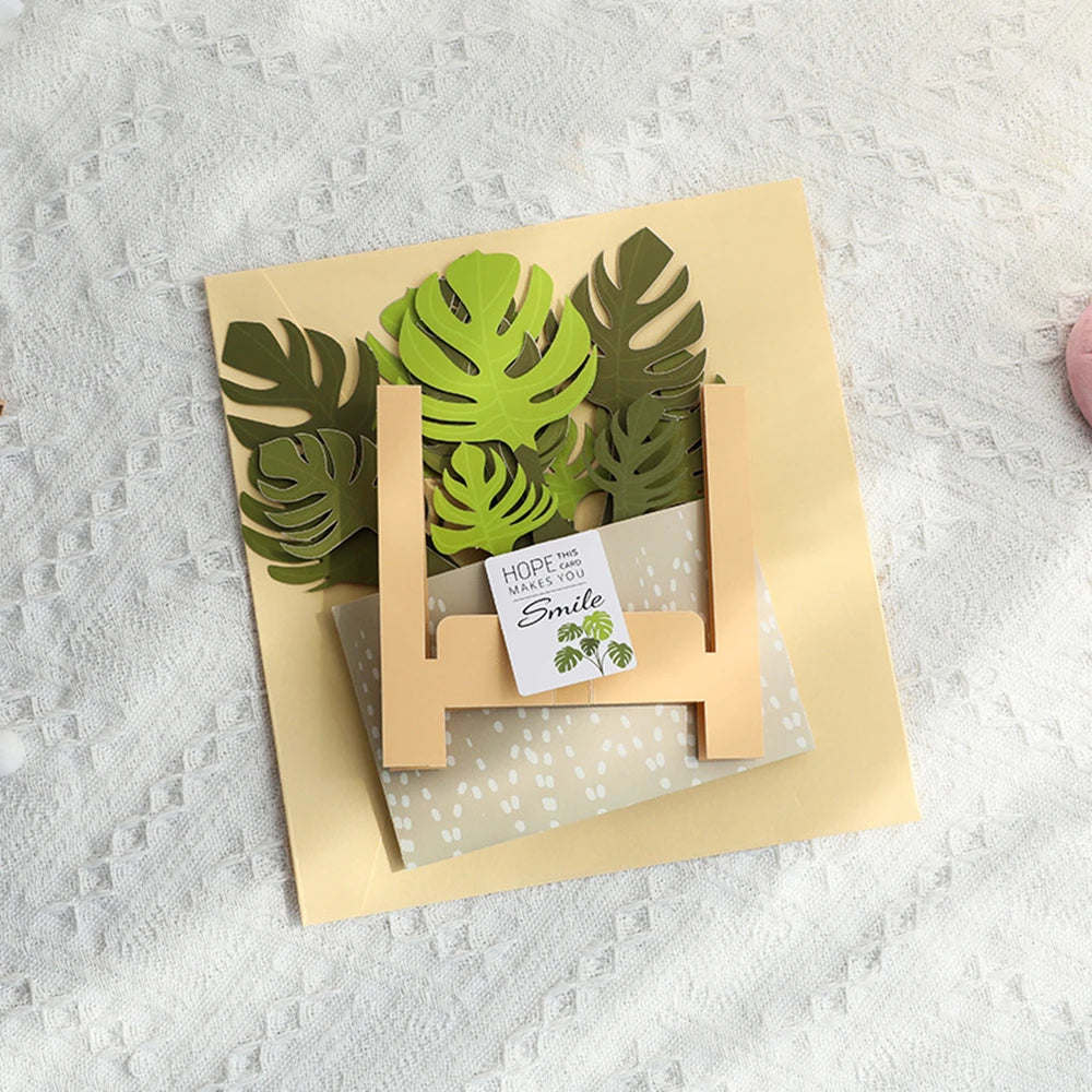 3D Monstera Potted Plant Pop-up Greeting Card with Envelope Flowers Postcard Birthday Cards Valentines Gifts Creative Home Decor