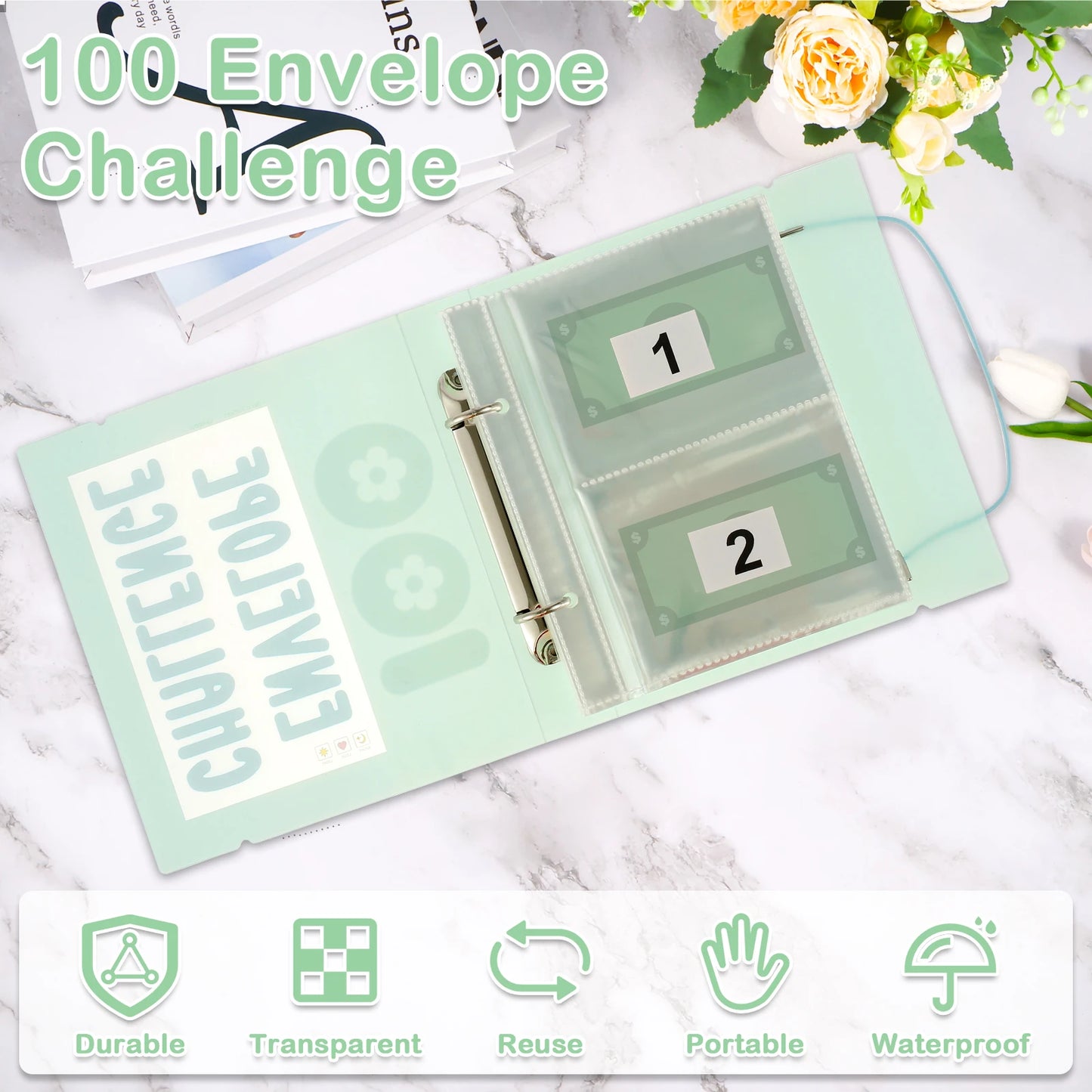 100 Envelope Challenge Binder Reusable Budget Binder Book with Cash Envelopes Money Saving Binder Portable Money Organiser