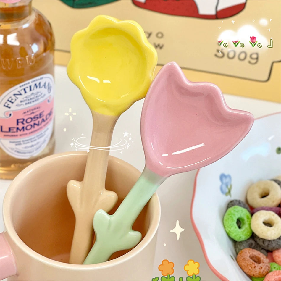 Kawaii Ceramic Flower Spoon Tulip Shaped Cute Milk Ice Cream Dessert Soup Spoon With Long Handle Kitchen Tableware Accessories