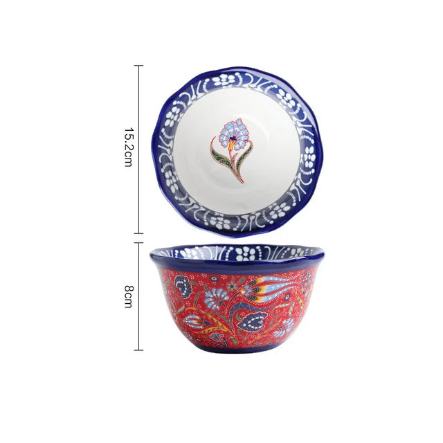 Creative Bowl Ceramic Bohemian Hand-Painted Rice Bowl  Instant Noodle Bowl Household Fruit Salad Bowl Kitchen Tableware