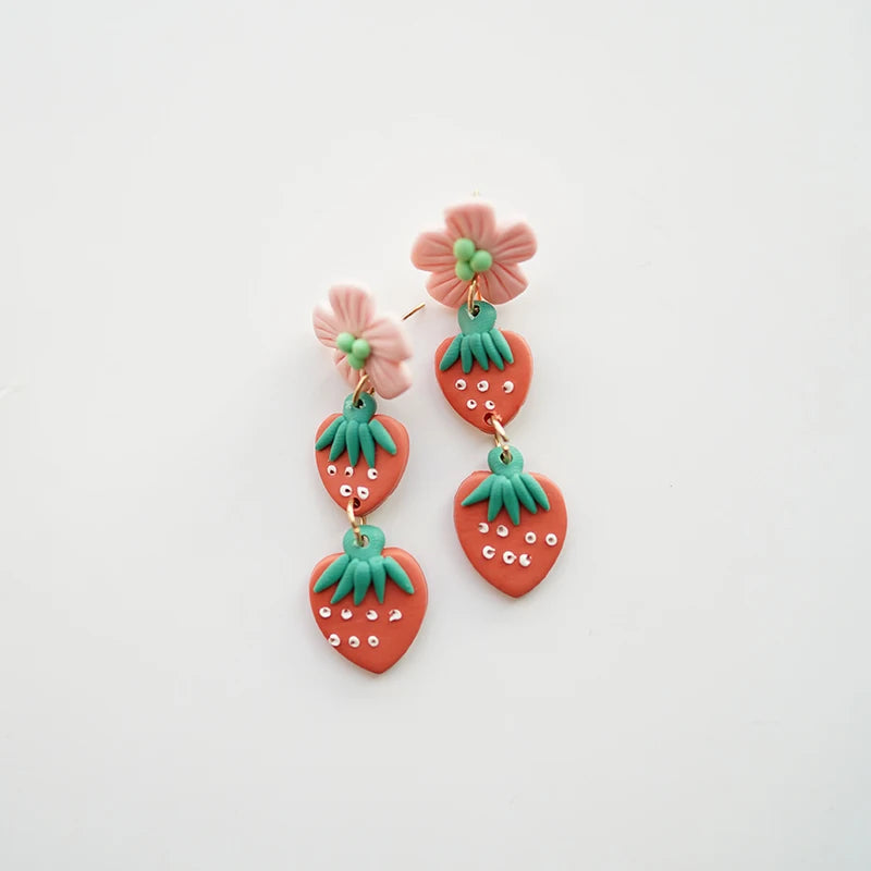 Handmade Multi Colors Pop Cute Long Small Size Light Weighted Fruit Heart Pattern Polymer Clay Earrings Sets Stud For Summer