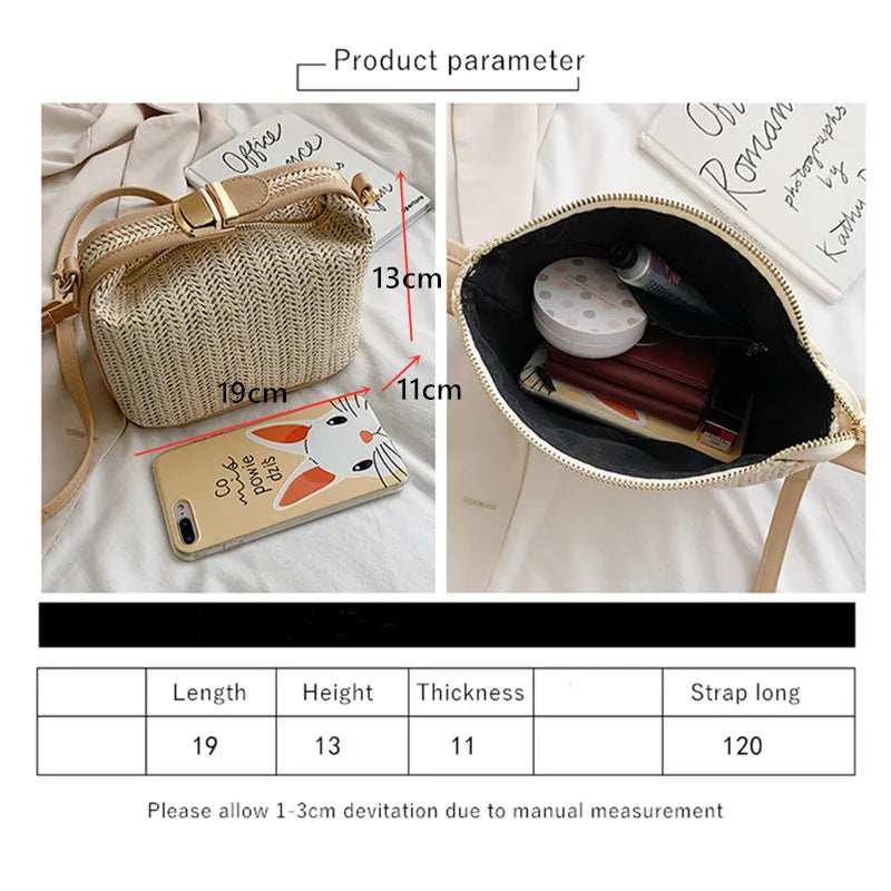 Woven Beige Grass Crossbody Bag Boho-chic Handbag Crochet Straw Shoulder Bag Summer Beach Bag Women Makeup Bag Travel Bag