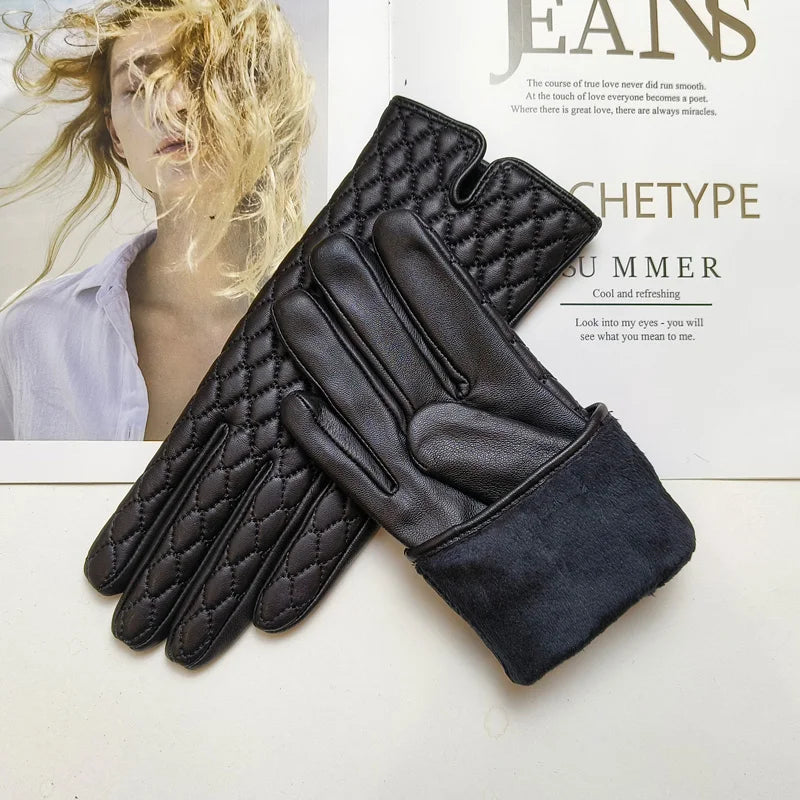 Women's sheepskin gloves with touch screen insulation and velvet lining for windproof riding and driving gloves