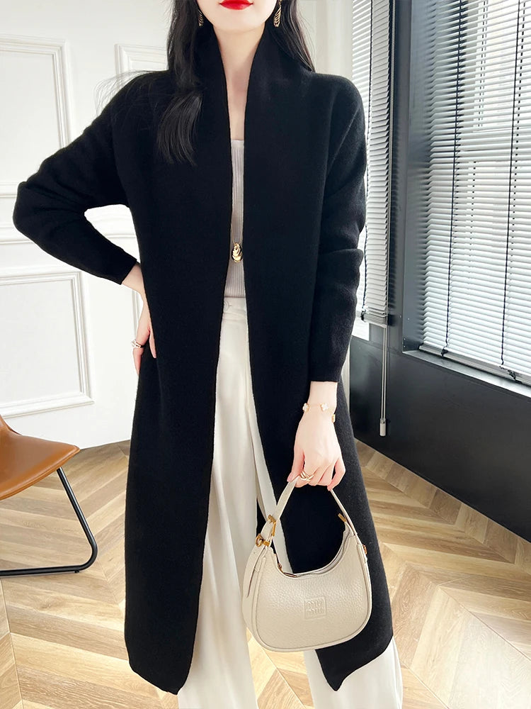 2024 Women Long Cardigan Cashmere Sweater Spring Autumn Winter Office Lady Loose Coat 100% Merino Wool Knitwear Korean Fashion