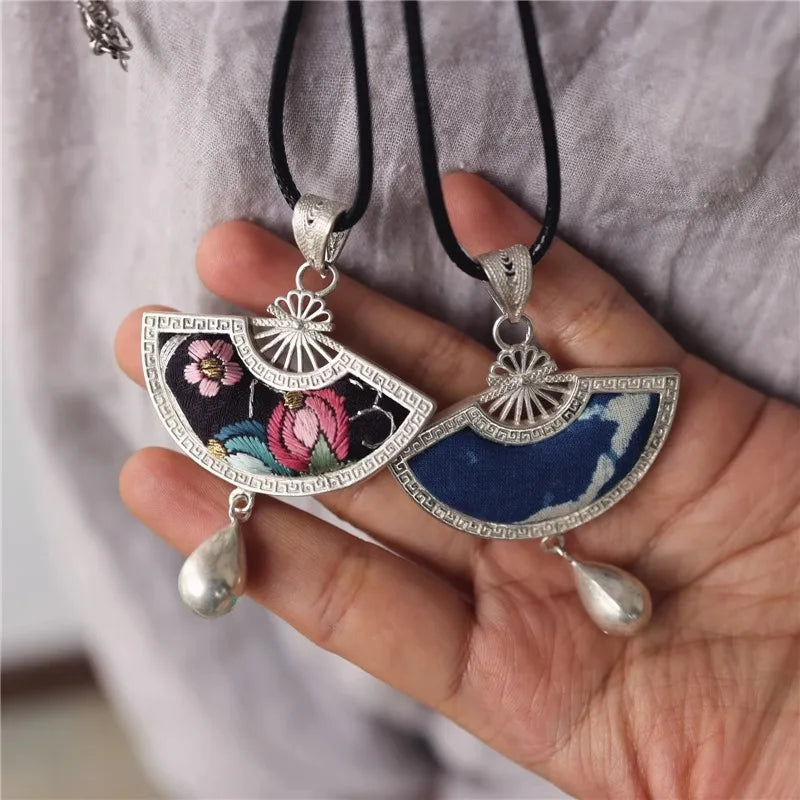 Vintage ethnic style embroidery, old embroidery, wax printing, fan-shaped silver pendant jewelry