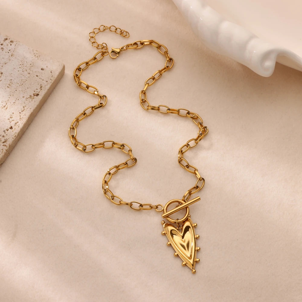 Punk Gold Color Heart Pendant Necklace for Women Stainless Steel OT Buckle Beaded Neck Chain Choker Y2K Jewelry Accessories