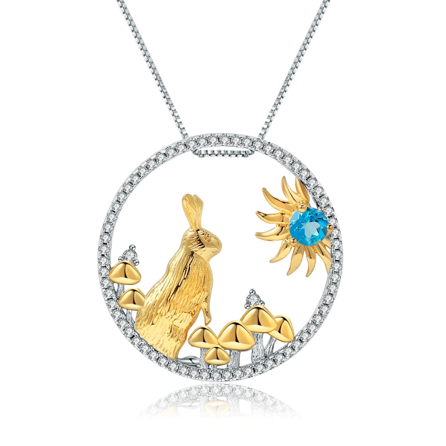 GEM'S BALLET Chinese Zodiac Jewelry 925 Sterling Silver Handmade Rabbit Pendant Necklace Natural Swiss Blue Topaz For Women