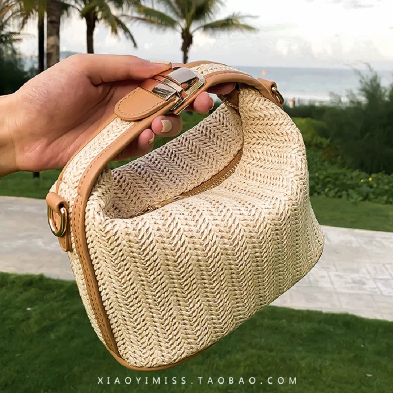 Woven Beige Grass Crossbody Bag Boho-chic Handbag Crochet Straw Shoulder Bag Summer Beach Bag Women Makeup Bag Travel Bag