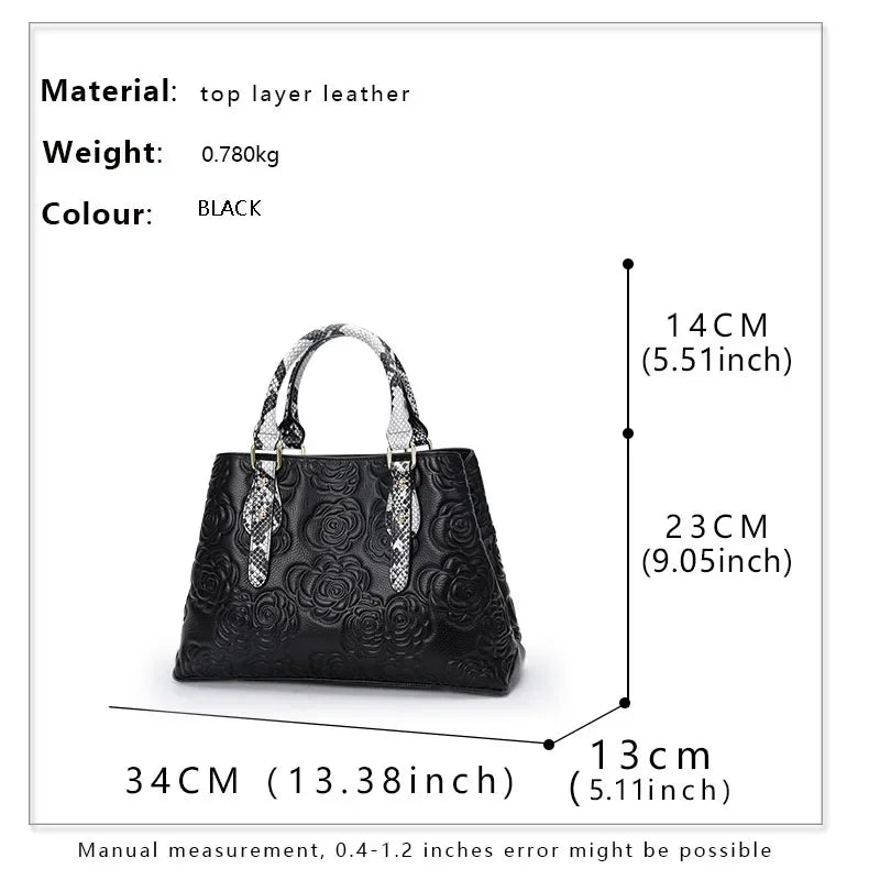 Aidrani  Women's luxury leather handbag, large capacity black, with floral and snake pattern design,