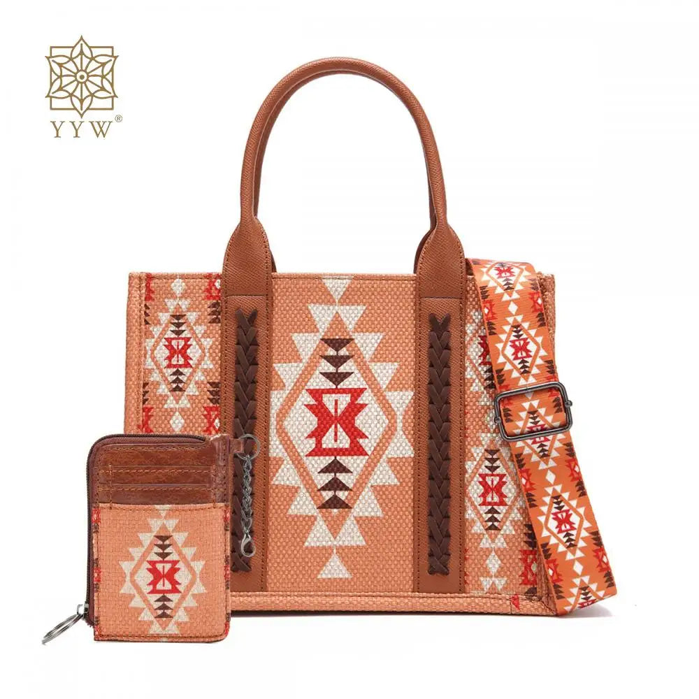 Retro Women Cotton Linen Handbag Large Capacity Western Boho Aztec Wide Shoulder Tote Bags with Coin Wallet Lady Bucket Purse