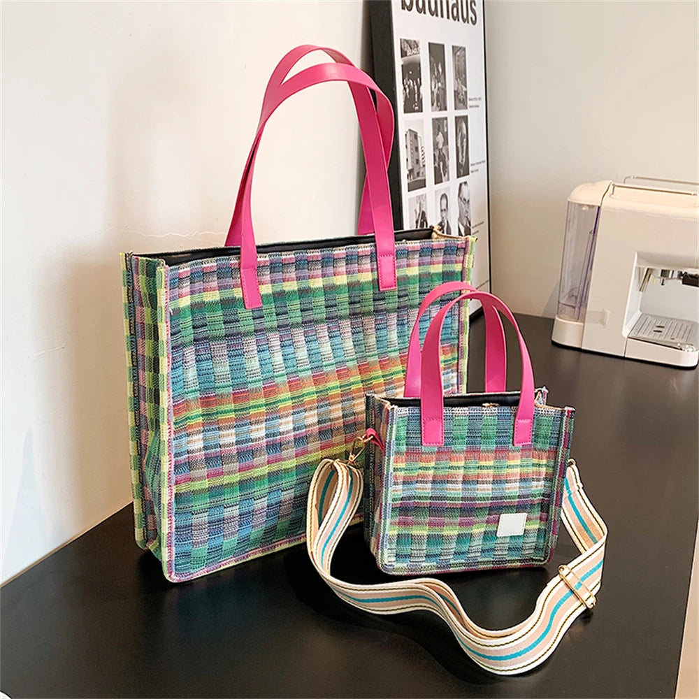 Colorful Tote Bag For Women Cotton Fabric Woven Design Large Capacity Shopper Shoulder Bags Lightweight Crossbody Handbags Bolso