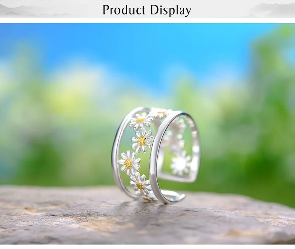 Lotus Fun Elegant Little Daisy Flower Adjustable Rings for Women Real 925 Sterling Silver Original Luxury 18K Gold Fine Jewelry