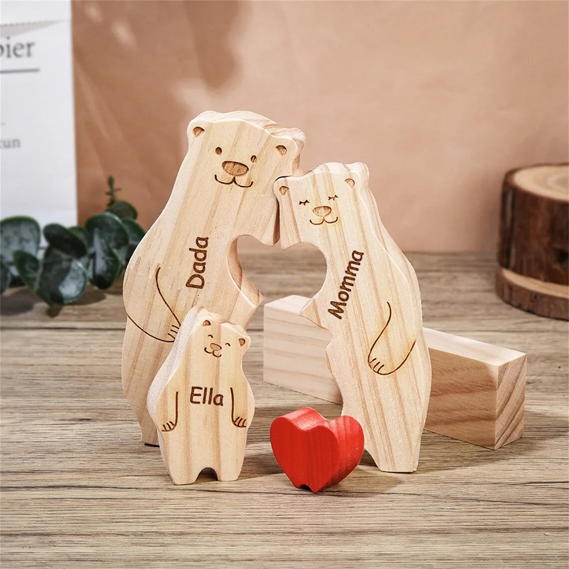 2024 Family Wooden Lovely Bears Puzzle Personalized Family Names Hug Bears Ornaments Christmas Gift Wooden Figurines Home Decor Valentines