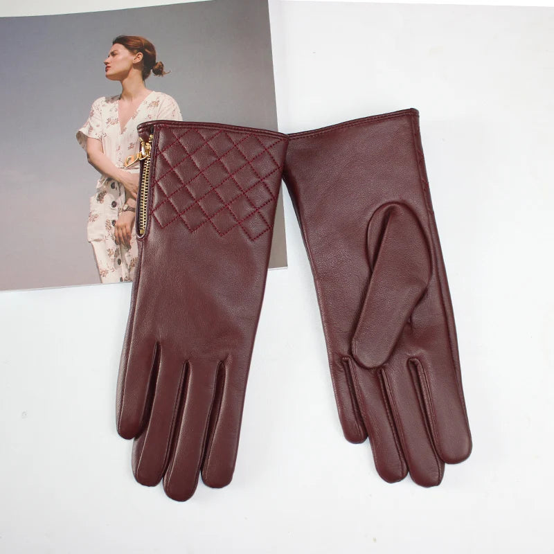 New Ladies Sheepskin Gloves Fashion Embroidered Zipper Style Touch Screen Winter Warm Thick Velvet Autumn Leather Driving Gloves