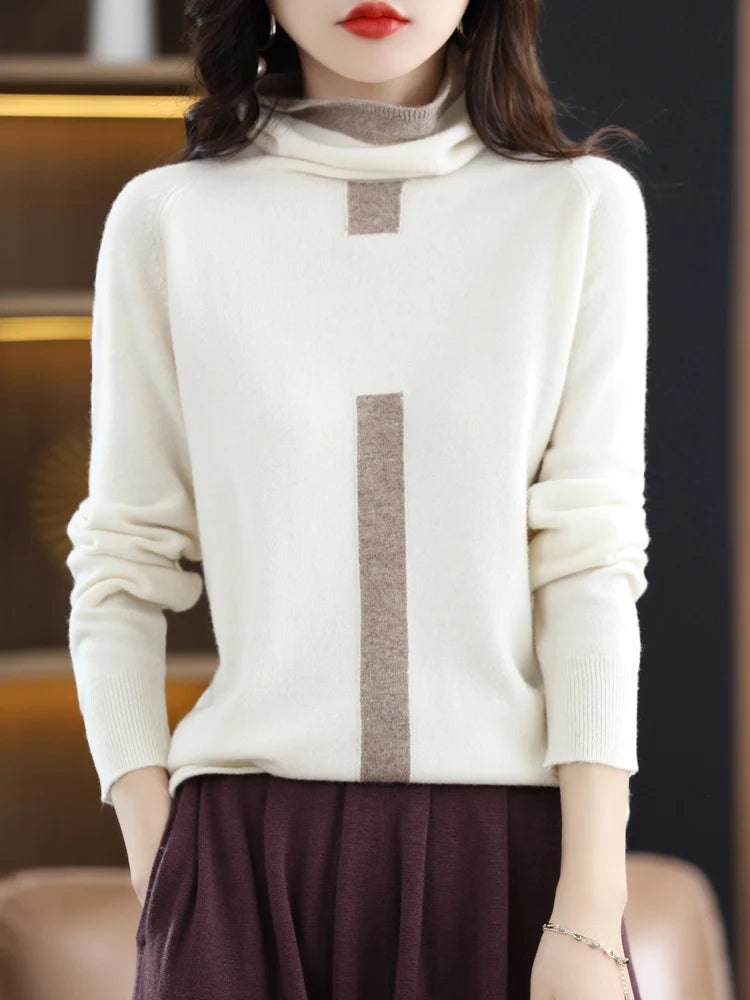 100% Mink Cashmere Sweater Ladies Pile Collar Pullover Tops Spring / Autumn New Colorblock Top Korean Style Fashion Tight Thin