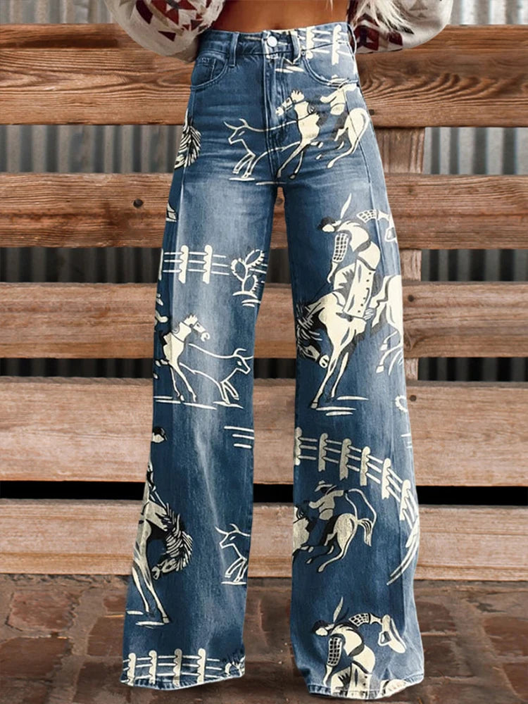 Vintage Cowboy Print Casual Wide Leg Pants