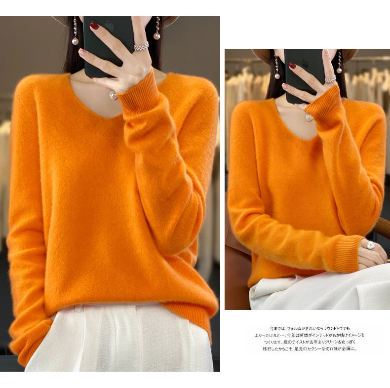 100% pure wool cashmere sweater women's V-neck pullover casual knit top autumn and winter women's coat Korean fashion