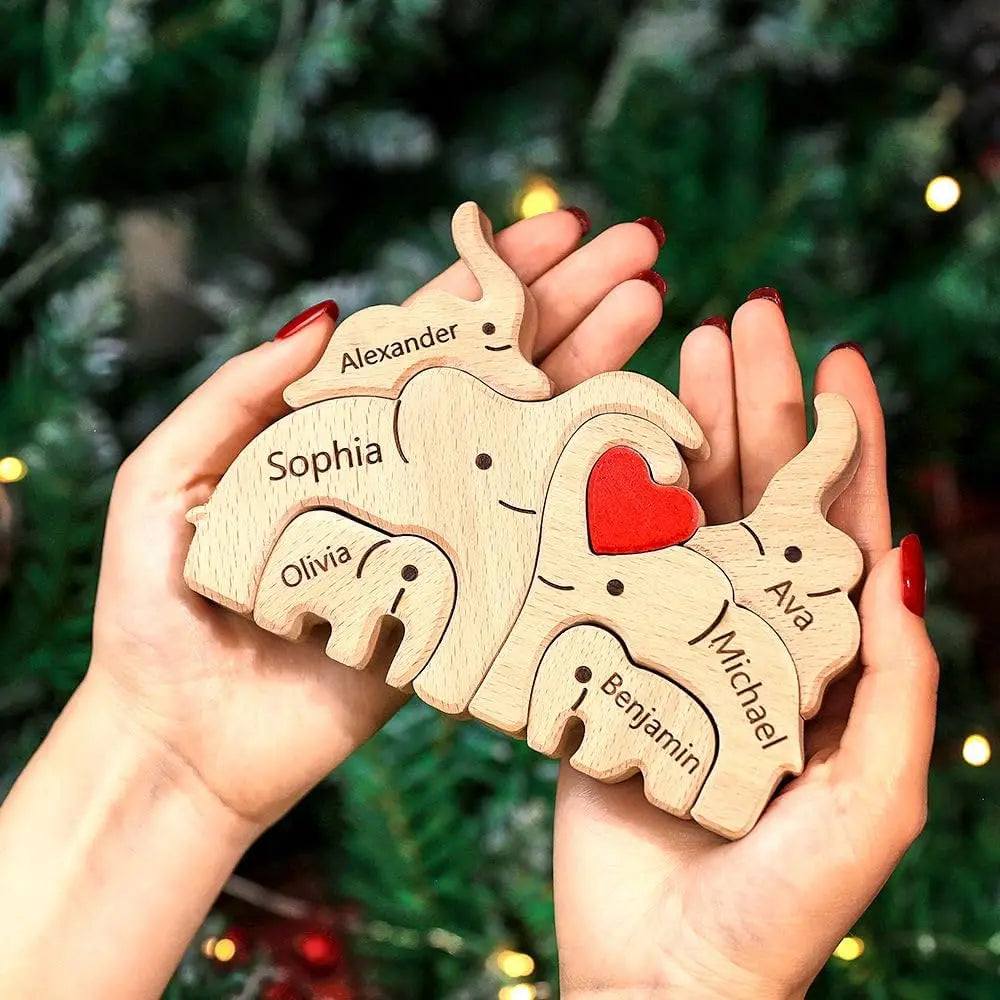 Personalized Elephant Family Wooden Puzzle Love Animal Wood Puzzle Custom Family Name Sculpture Free Engraving Decor Gifts Valentines Gift