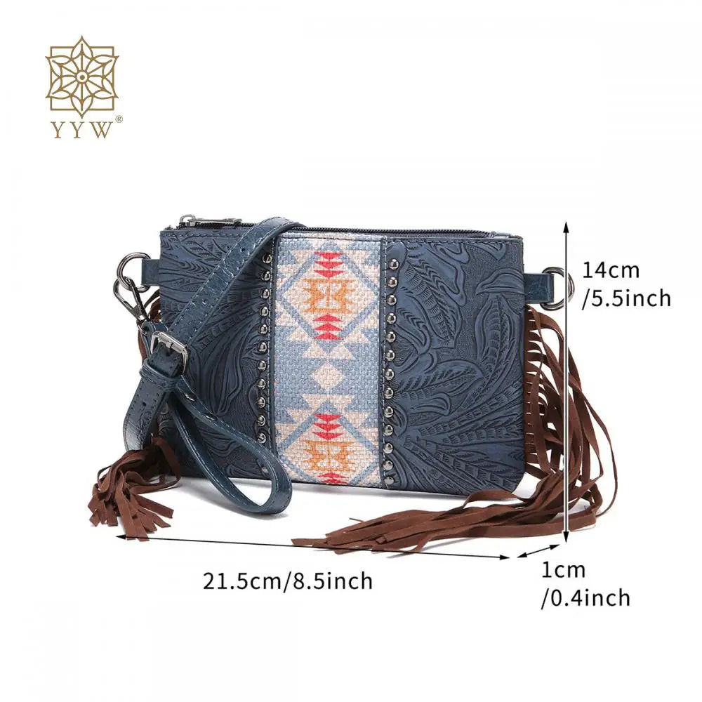 Small Vegan Leather Cowhide Women's Crossbody Handbag with Tassel Wrangler West Fringe Purse for Women Shoulder Bag Tooled Aztec