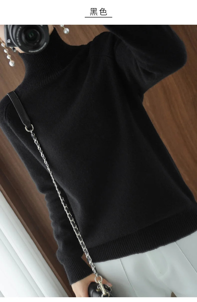 Fashion Basic Autumn Winter  Merino Wool Sweater Mock Neck Cashmere Pullover  Solid Color Soft Long Sleeve Clothing Tops