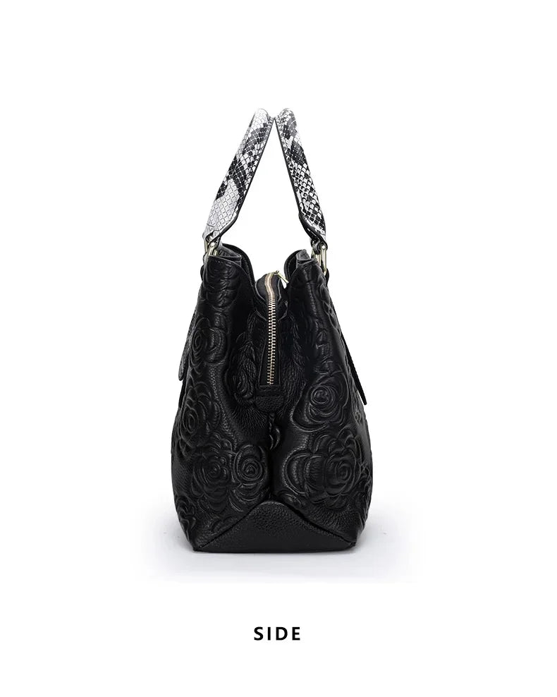 Aidrani  Women's luxury leather handbag, large capacity black, with floral and snake pattern design,