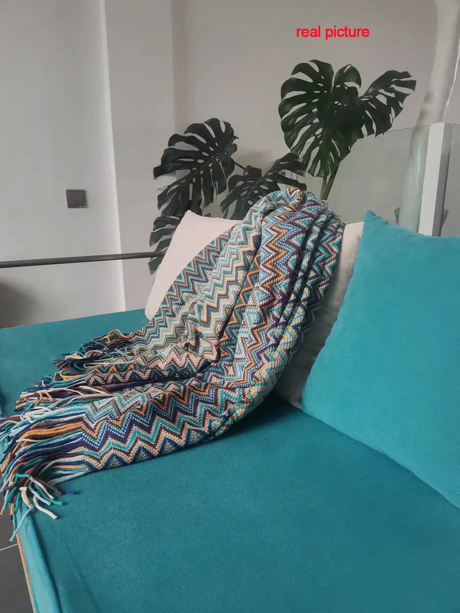 Bohemian Throw Blanket Geometric Knitted Blanket for Bed Plaid Living Room Boho Home Decor Travel Thread Blanket With Tassel