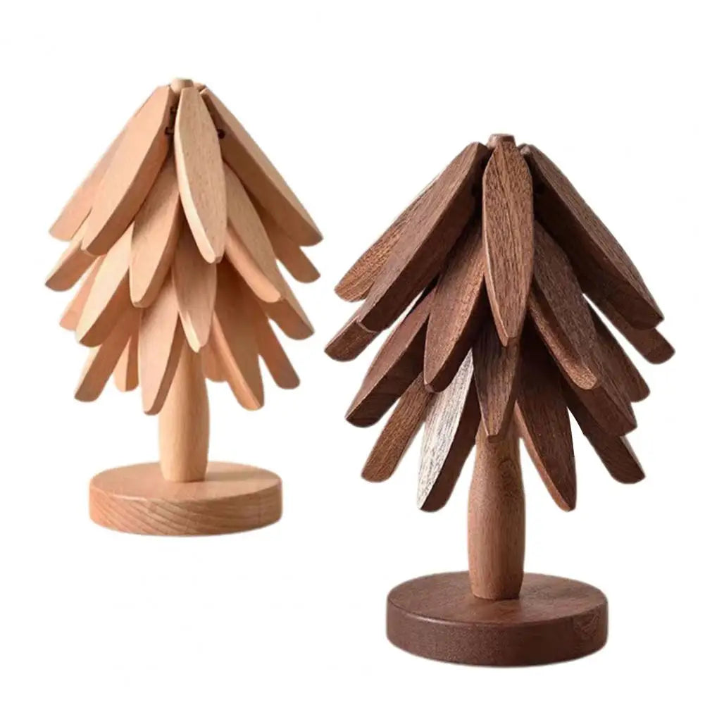 Christmas Tree Coaster with Base 3 Layers Tree Shape Wooden Trivet Anti-scald Countertop Pot Pan Coffee Tea Cup Holder Home