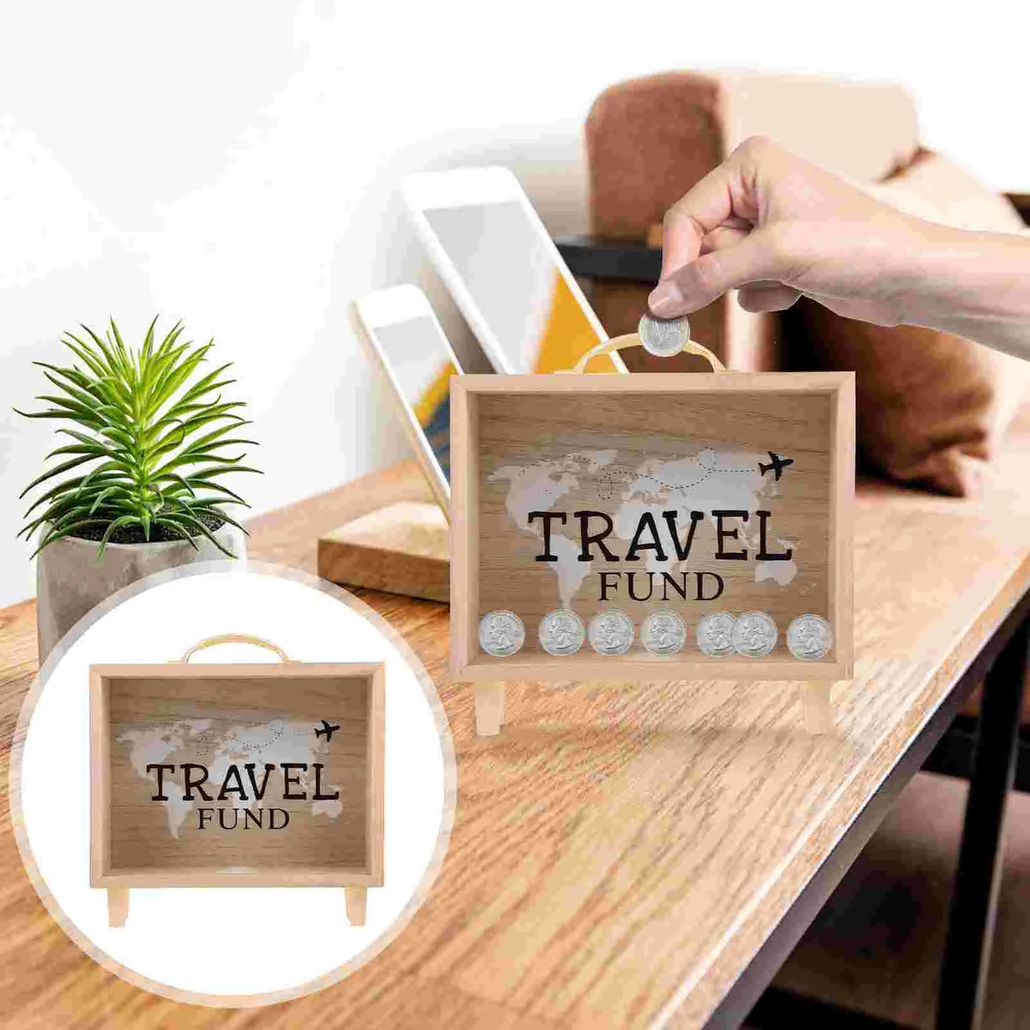 Wooden Clear Money Bank For Travel Fund Piggy Bank Vacation Fund Box Wooden Shadow Box Suitcase Bank Treasure Case Counting Home