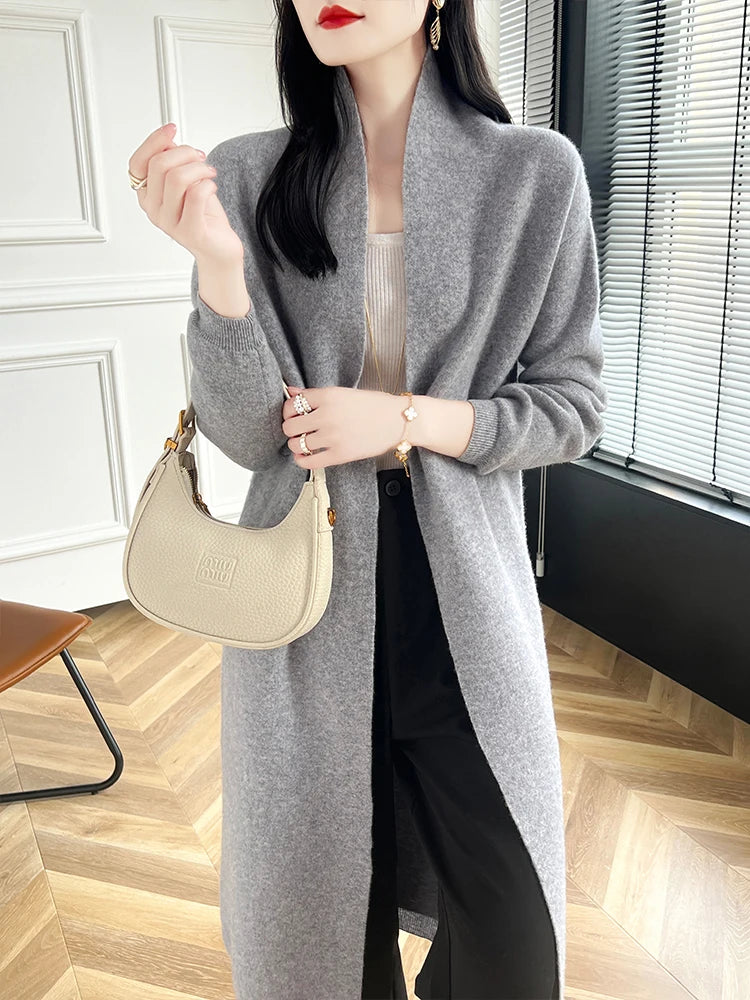 2024 Women Long Cardigan Cashmere Sweater Spring Autumn Winter Office Lady Loose Coat 100% Merino Wool Knitwear Korean Fashion