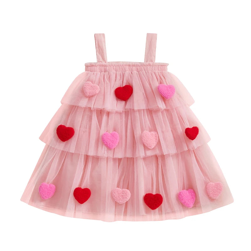 Kids Girl Fashion Valentine Day Dress Star Print Square Neck Sleeveless Layered Tulle Dress with 3D Heart for 1-9 Years Valentines Gift