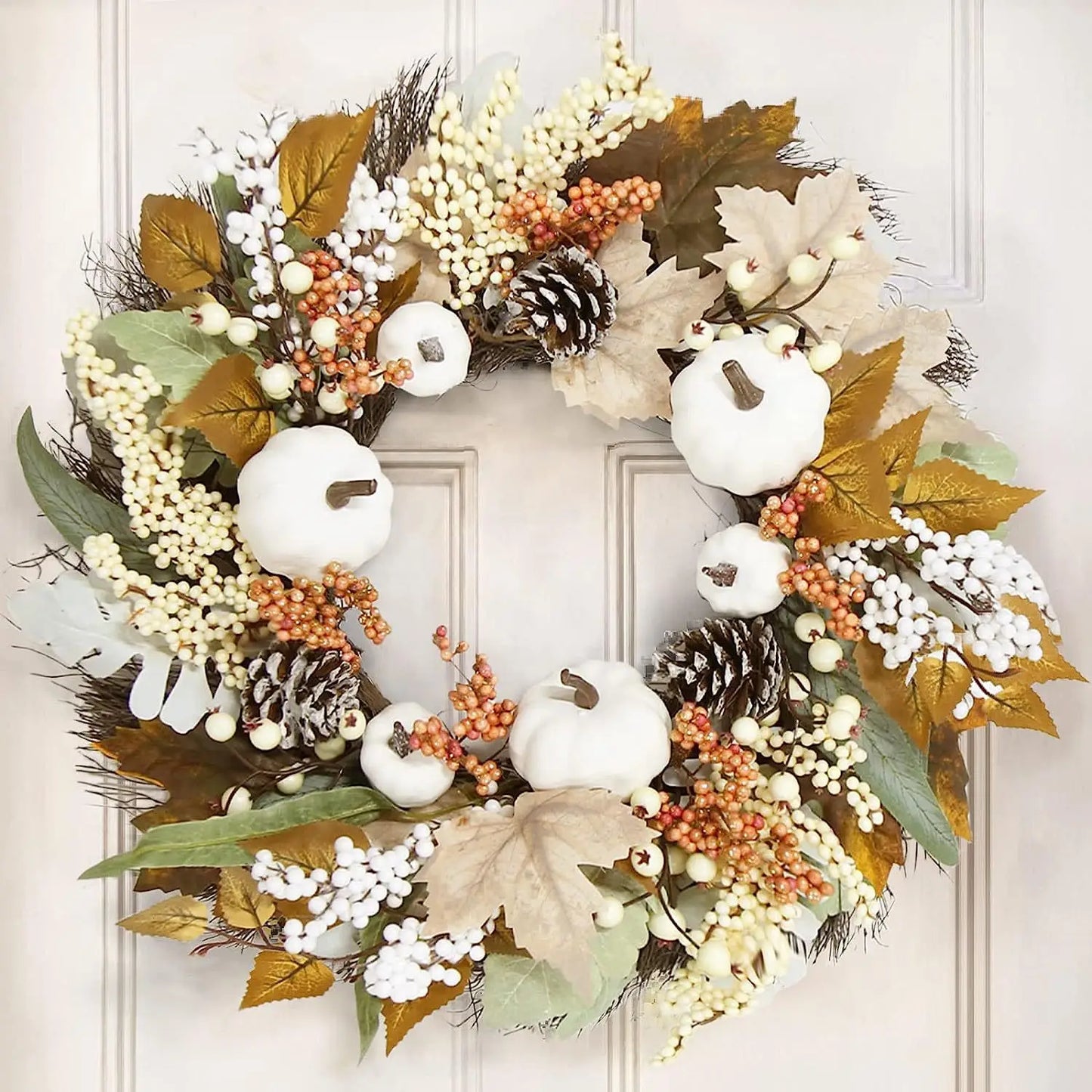 Autumn Wreath Farmhouse Decoration Farmhouse Thanksgiving Maple Leaf Berry Halloween White Pumpkin Set Garland Ornament Pendant Valentines Gift