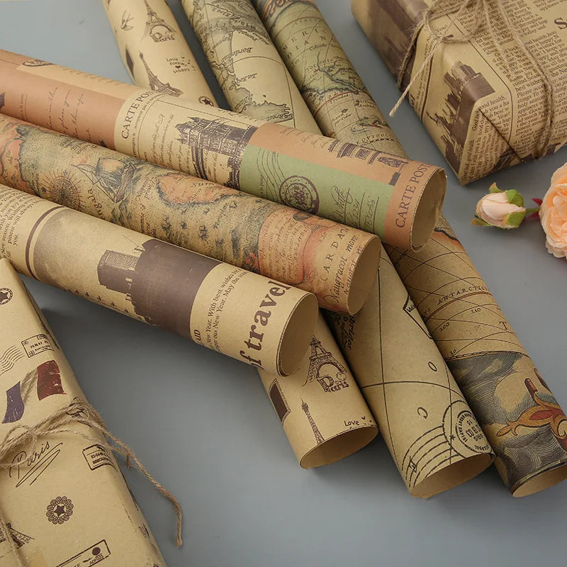 Fold Retro Kraft Gift Wrapping Paper Worldmap Christmas Gift Paper Newspaper Craft Valentine's Day Birthday Gift RegularPaper Valentines Gift