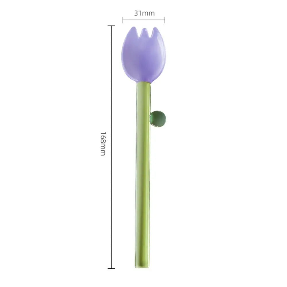 Long handle Glass Spoon Creative Transparent Glass Dessert Spoon Flower Shaped Colored Coffee Stirring Spoon Stick Bar