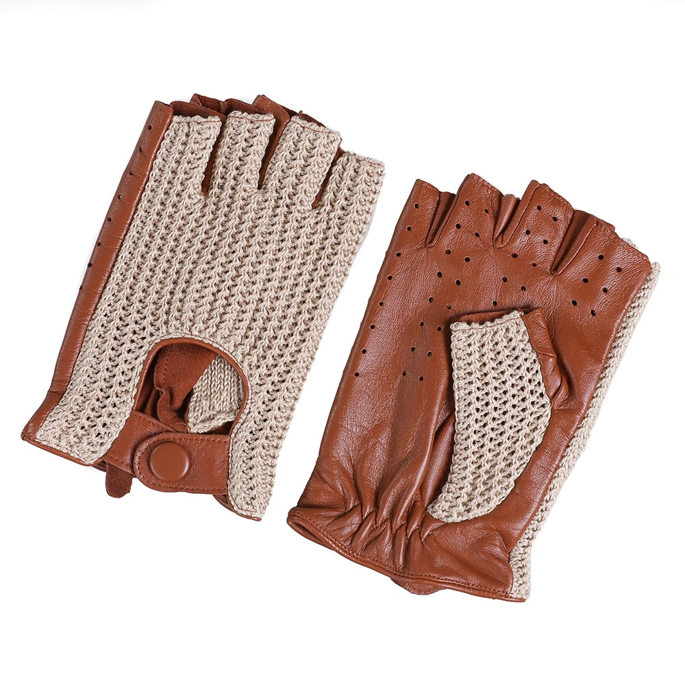 Men's Genuine Leather Driving Gloves motorcycle Fingerless Glove Sheepskin With Cotton Crochet