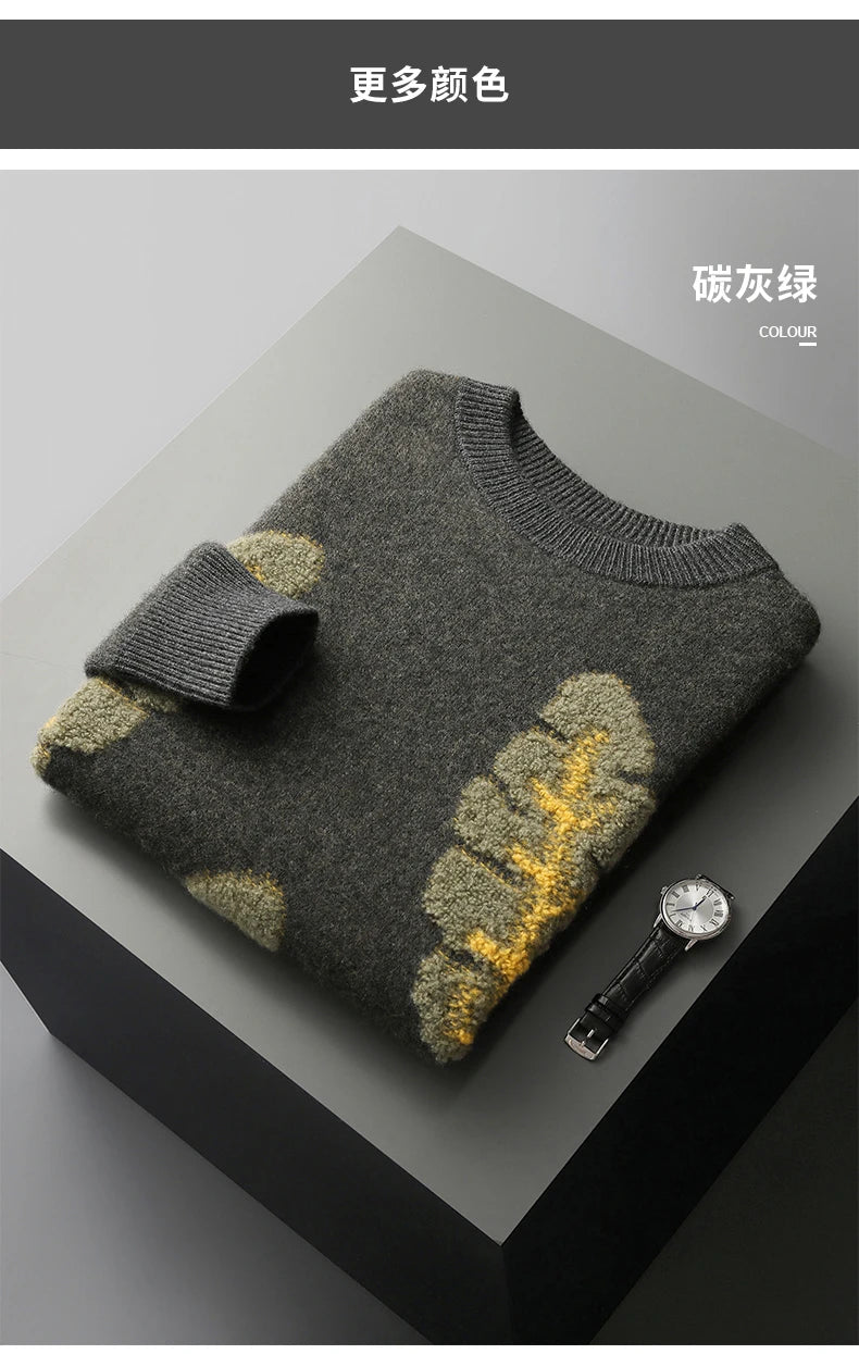 Autumn and Winter New 100% Merino Wool Men's Cashmere Sweater Round Neck Pullover  Knitted Casual Fashion Retro Top