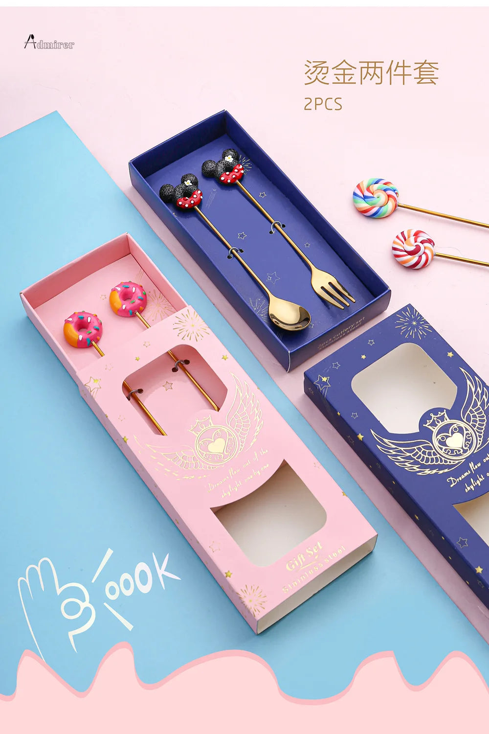 Stainless Steel Spoon Fork Cute Version Rainbow Lollipop Donut Macaron Dessert Spoons Fruit Forks Kids Set Kitchen Accessories