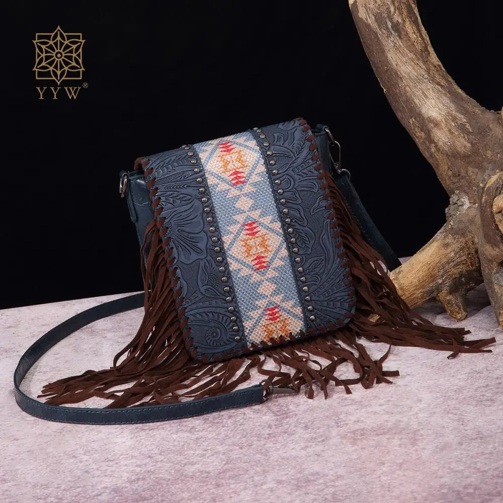 Small Vegan Leather Cowhide Women's Crossbody Handbag with Tassel Wrangler West Fringe Purse for Women Shoulder Bag Tooled Aztec