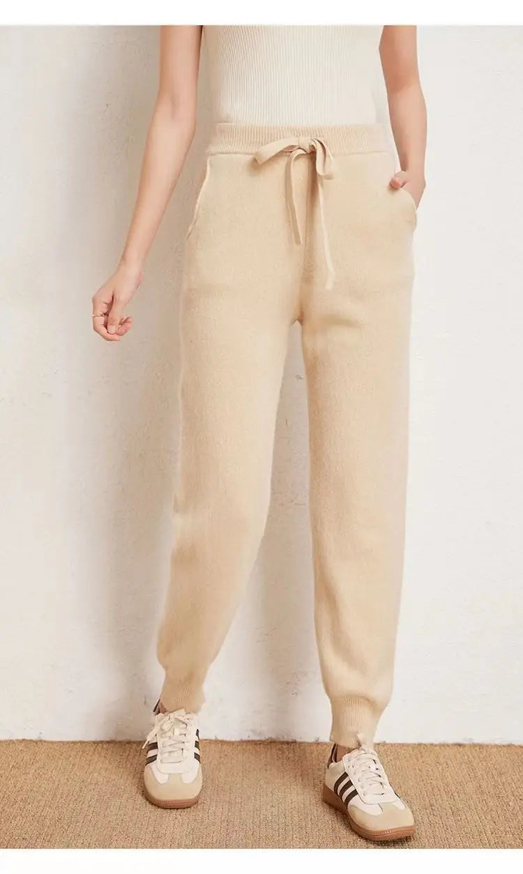 Women's 100% Wool Knitted Trousers, Casual Sports Sweatpants, Korean Version, Small Leg Pants, Female Cashmere Pants, Fashion