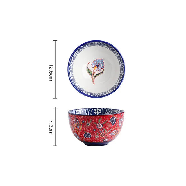 Creative Bowl Ceramic Bohemian Hand-Painted Rice Bowl  Instant Noodle Bowl Household Fruit Salad Bowl Kitchen Tableware