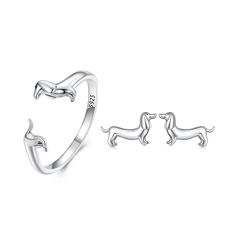 WOSTU 925 Sterling Silver Cute Dachshund Dog Adjustable Rings Stud Earrings Original Girl Lovely Pet Jewelry Set Birthday Gift Valentines Gift