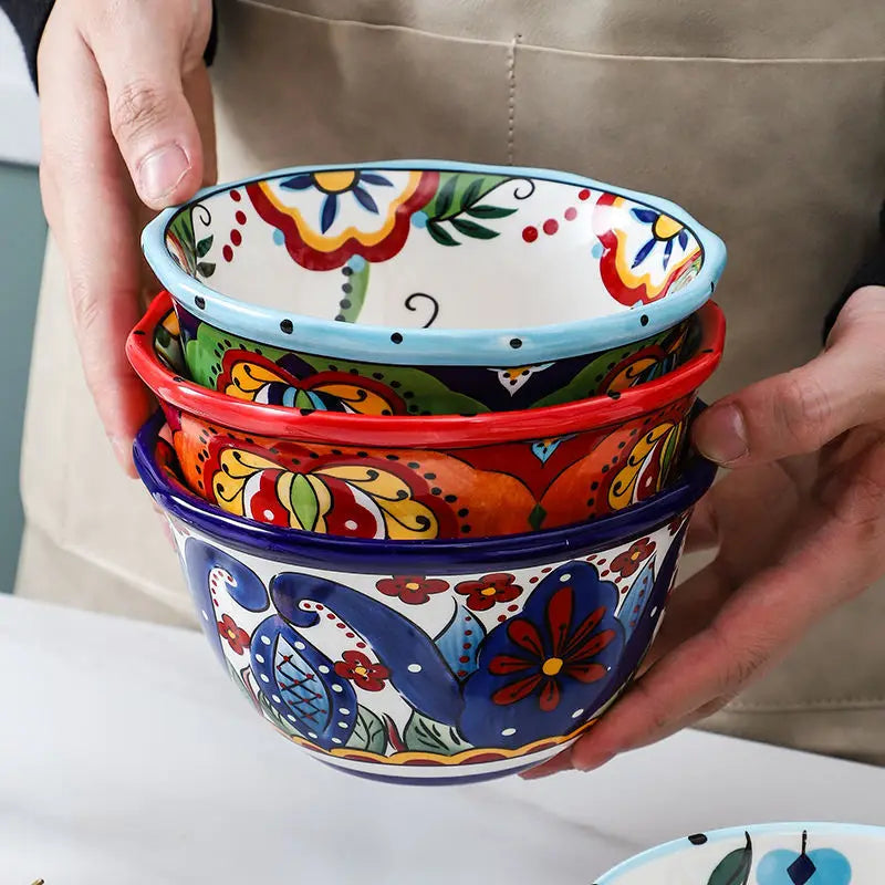 Creative Bowl Ceramic Bohemian Hand-Painted Rice Bowl  Instant Noodle Bowl Household Fruit Salad Bowl Kitchen Tableware