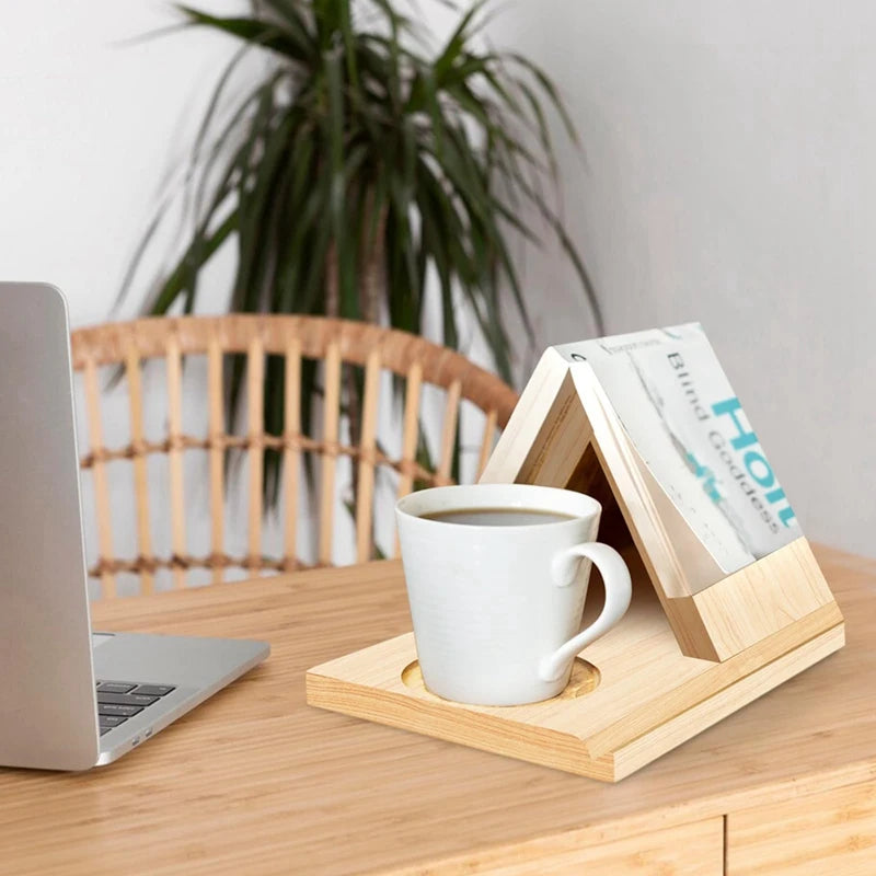 Personalized Wooden Triangle Book Stand With Coffee Cup Mug Holder,Custom Birth Flower Book Page Holder,With Words Durable