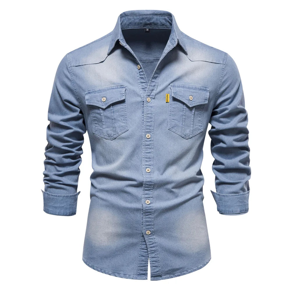 Fashion Autumn Cotton Denim Shirts Men Casual Long Sleeve Quality Cowboy Shirt Solid Color Slim Fit Elastic Jean Shirts for Men