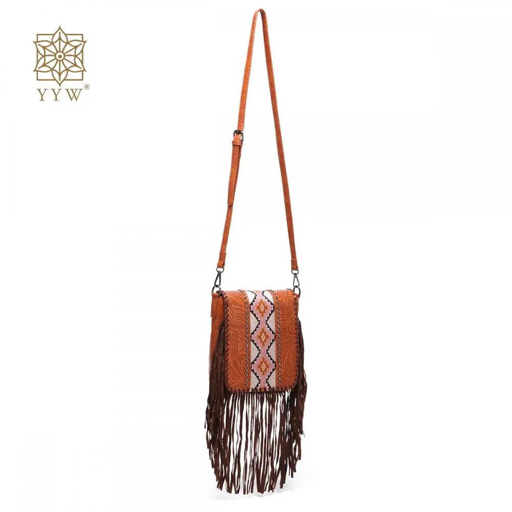 Small Vegan Leather Cowhide Women's Crossbody Handbag with Tassel Wrangler West Fringe Purse for Women Shoulder Bag Tooled Aztec