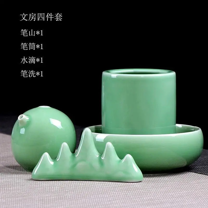 Royal Ming Celadon Study Four Treasures Set Calligraphy Supplies Pen Holder Paperweight Wash Adult