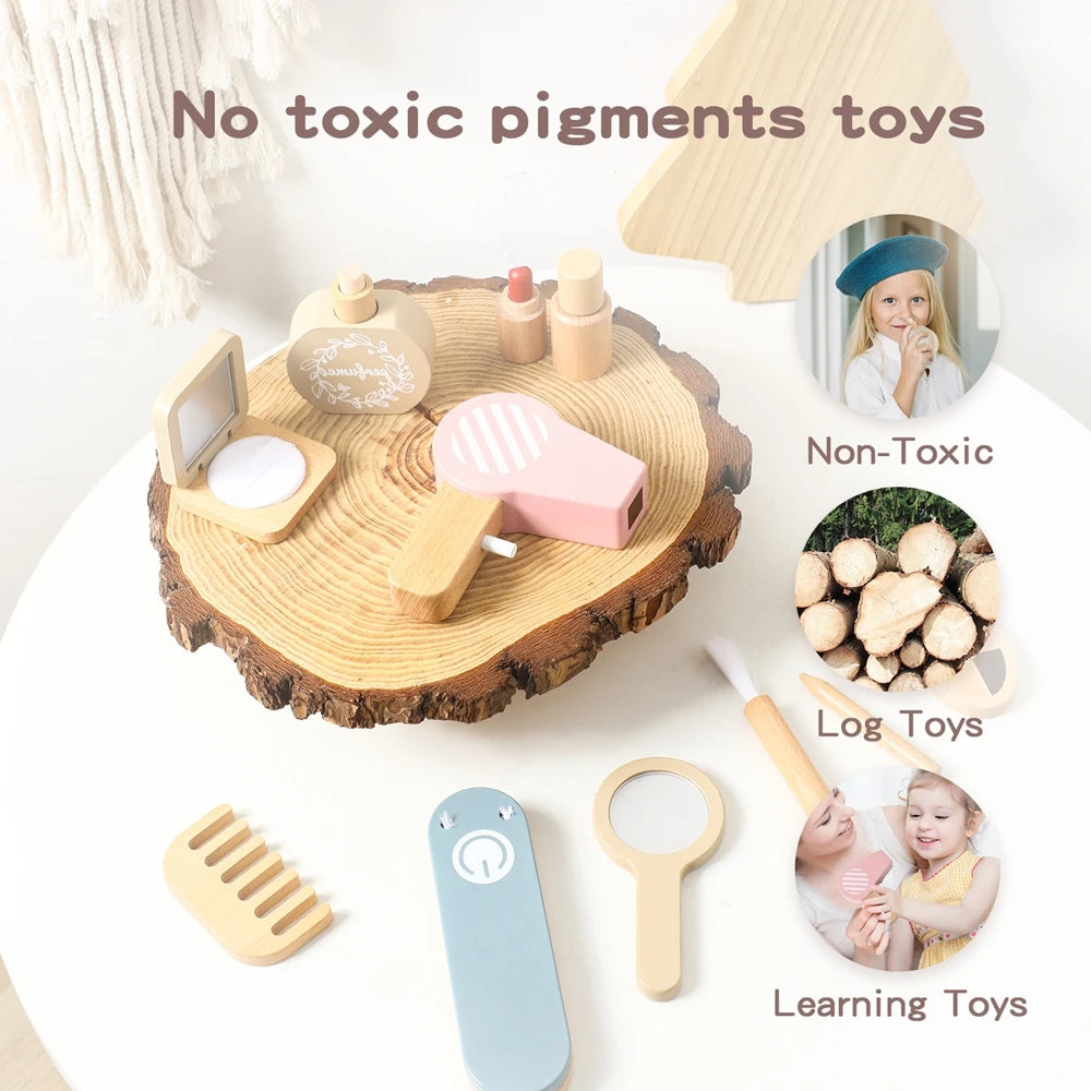 Wooden Children's Simulation Makeup Set Girls Role Play Hair Comb Brush Mirror Mascara Gifts Toy Girl Montessori Makeup Toy