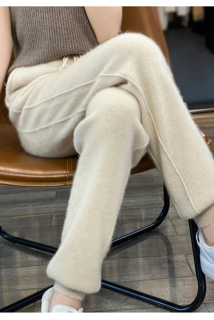 100% Merino wool cashmere women's knitted wool pants in autumn and winter new elastic waist fashion feet pants.