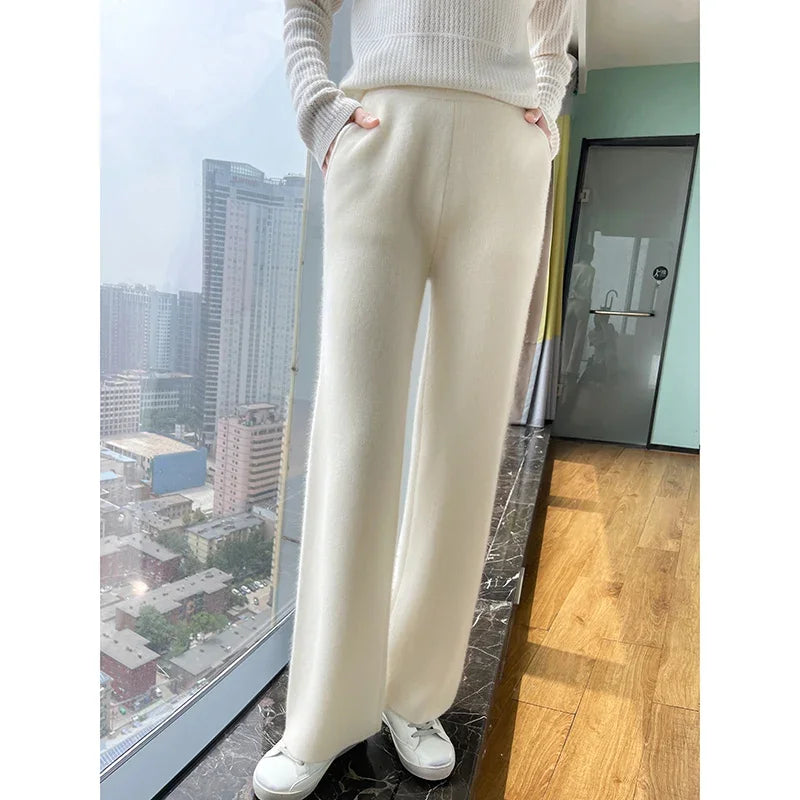 Knitting Wide Leg Pants Leg Wool Pants Cashmere Pants Women Warm Knit Pants Elegant Pants Woman Women' S Pants Loose Trousers